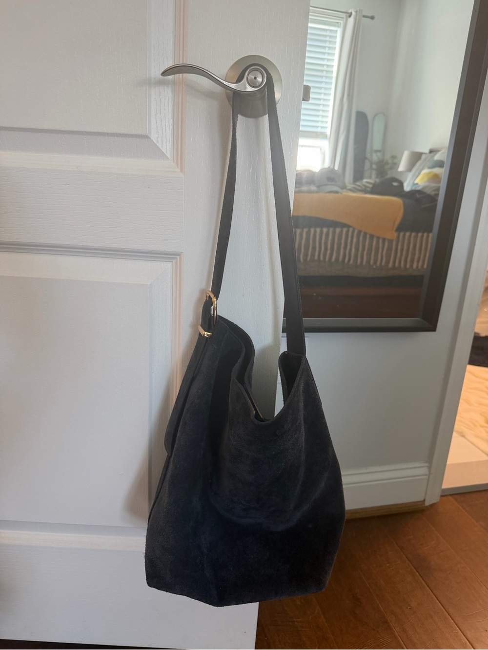 Madewell Blue Suede Shoulder Hobo Bag with Gold Accent